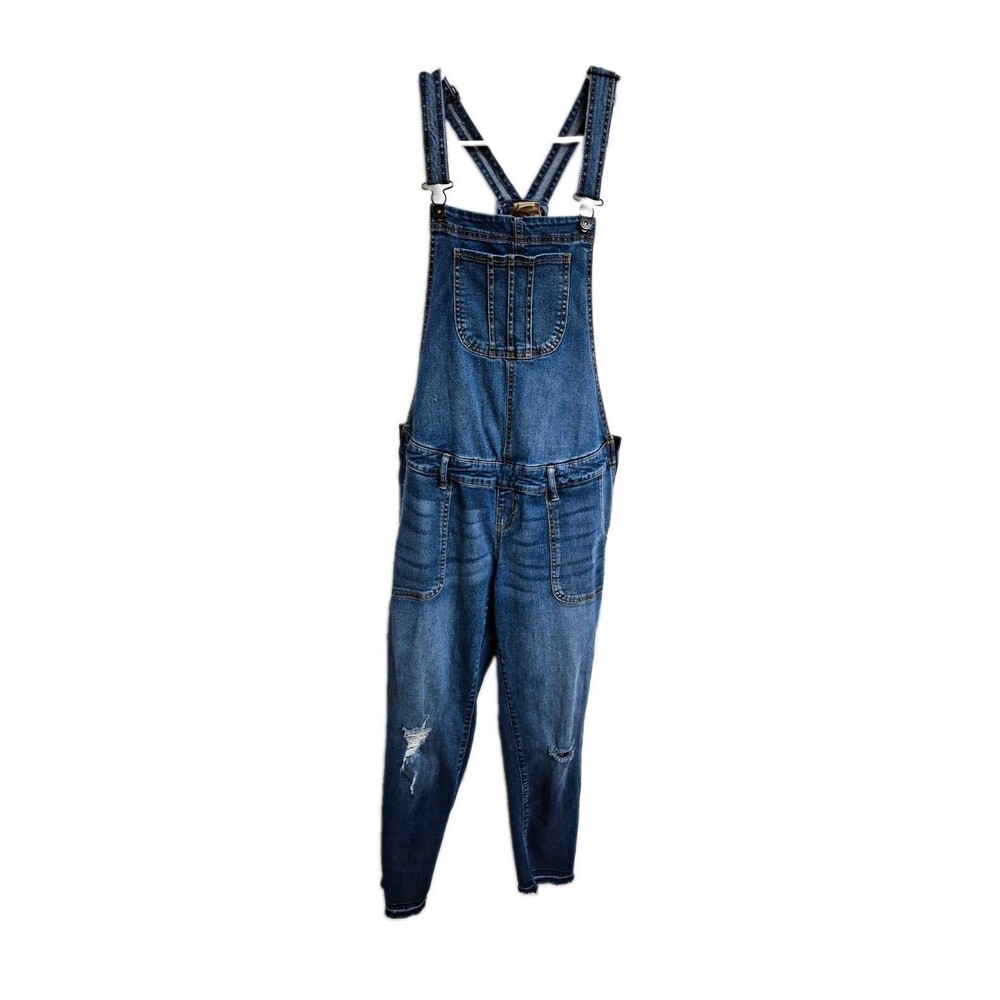 Indigo Blue Women’s M Maternity Denim Overalls Blue Stretch Distressed Pockets